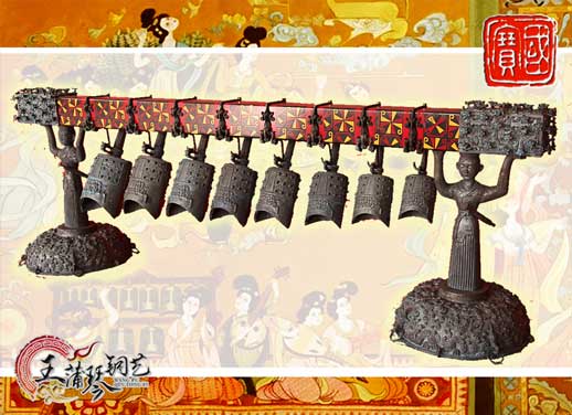 8件古編鐘，銅人銅座裝飾，可發(fā)音